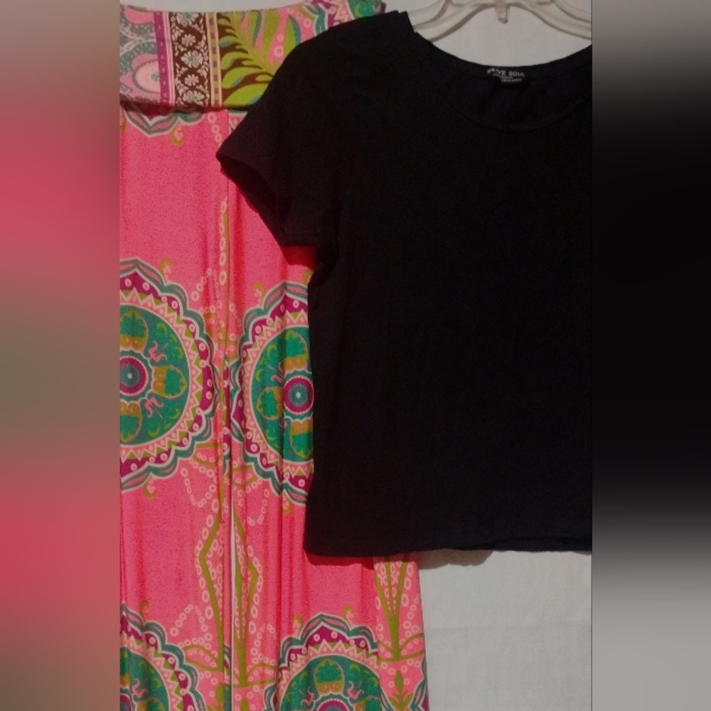 Black Top and Pink Patterned Palazzo Pant Set
